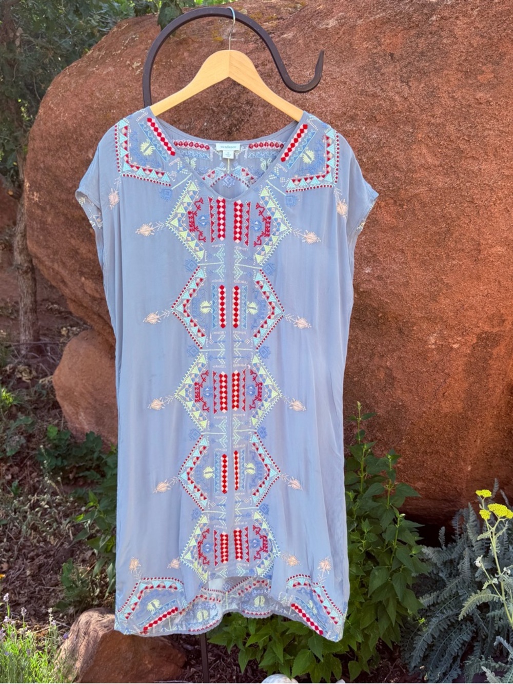 Sundance Valentina Embroidered Tunic Dress Dusty Blue Boho Style Sz M